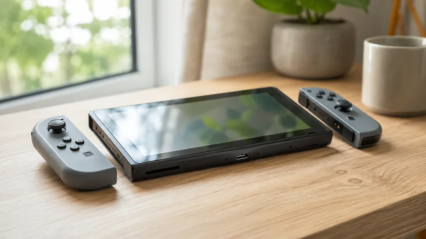 Handheld game console next to controllers, resting on a wooden table