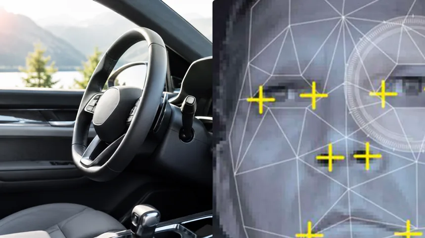 Modern car dashboard with a camera and sensors facing the driver