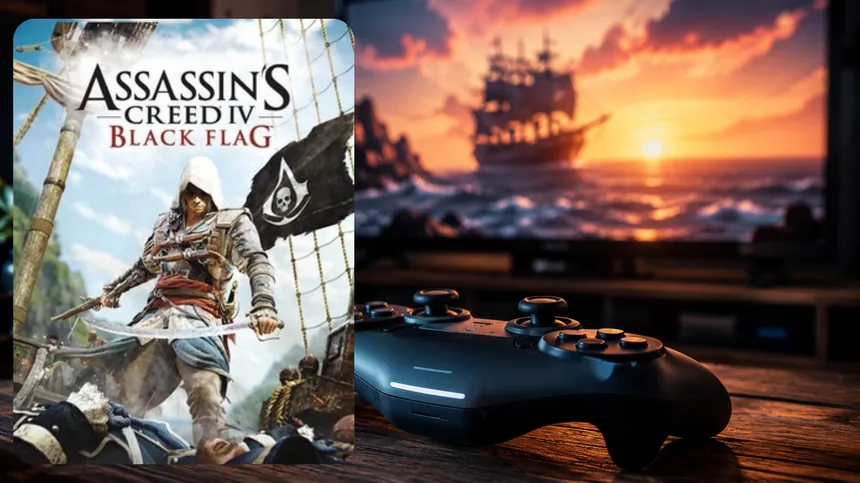 Game controller next to a screen showing a pirate ship scene