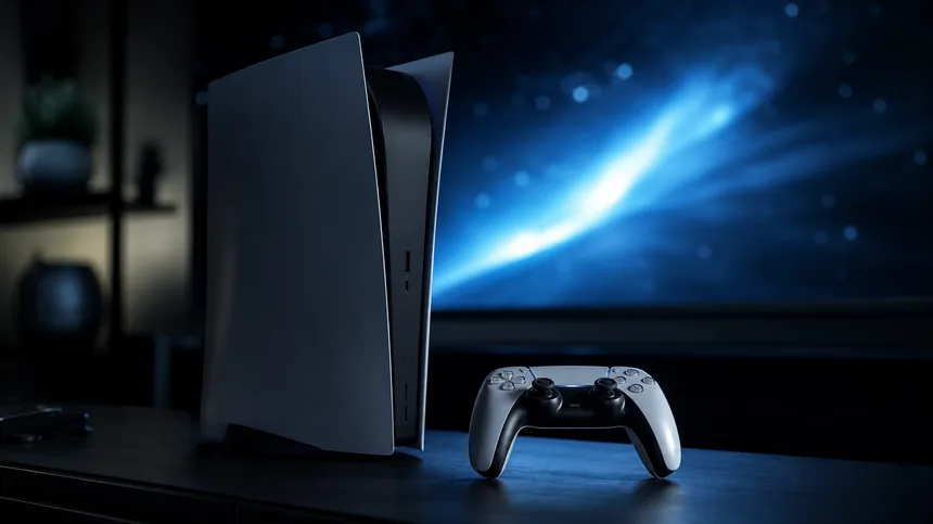 Game console connected to a TV showing a sci-fi game screen